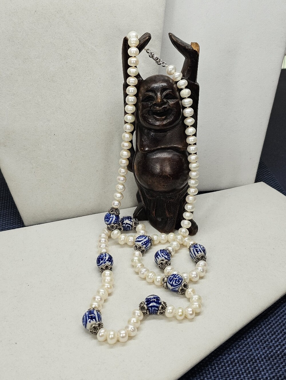 Pearl and Porcelain Bead Necklace Hand-Knotted